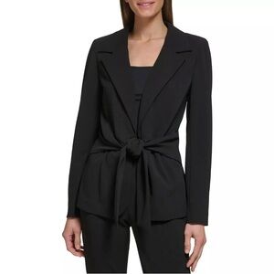 DKNY Jacket Womens 2 Black Peak Lapel Tie Front Suit Top Designer Blazer Formal